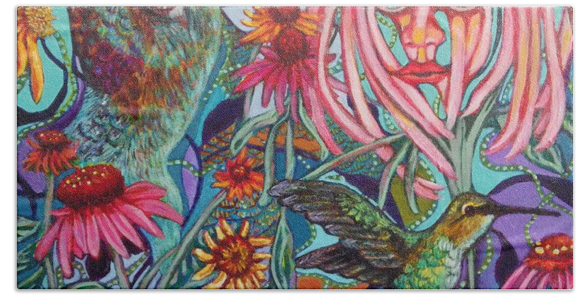 Hummingbird Bath Towel featuring the painting Coneflower and Hummingbird by Linda Markwardt
