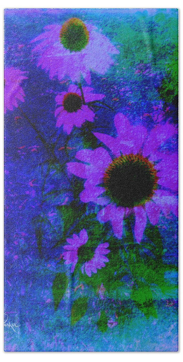 Mix Media Bath Towel featuring the mixed media Coneflowers abstract by MaryLee Parker