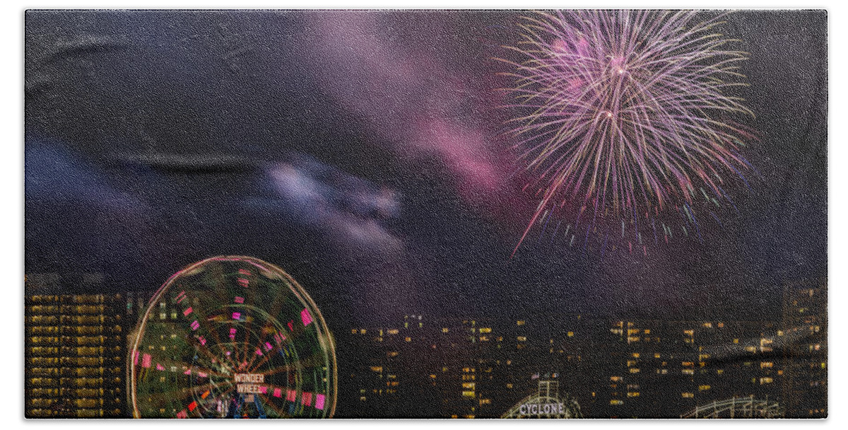 Brooklyn Hand Towel featuring the photograph Coney Island Fireworks by Susan Candelario
