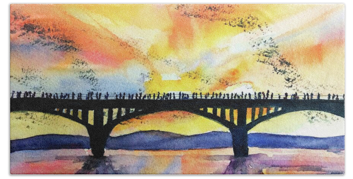 Austin Hand Towel featuring the painting Congress Bridge Bats Austin Texas by Carlin Blahnik CarlinArtWatercolor