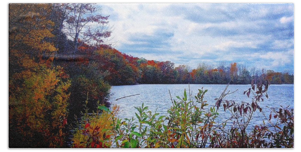 Alma Hand Towel featuring the photograph Conservation Park and Pine River in the Fall by Chris Brown