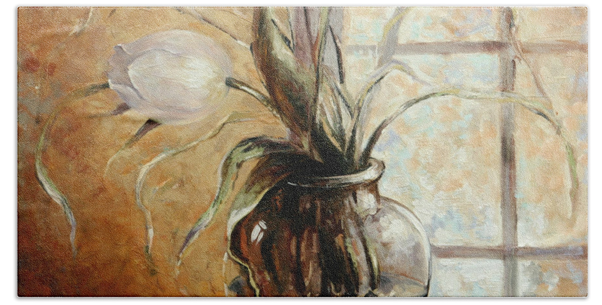 Flower Hand Towel featuring the painting Contre Jour. White tulip in a vase.Oil painting on canvas by Vali Irina Ciobanu