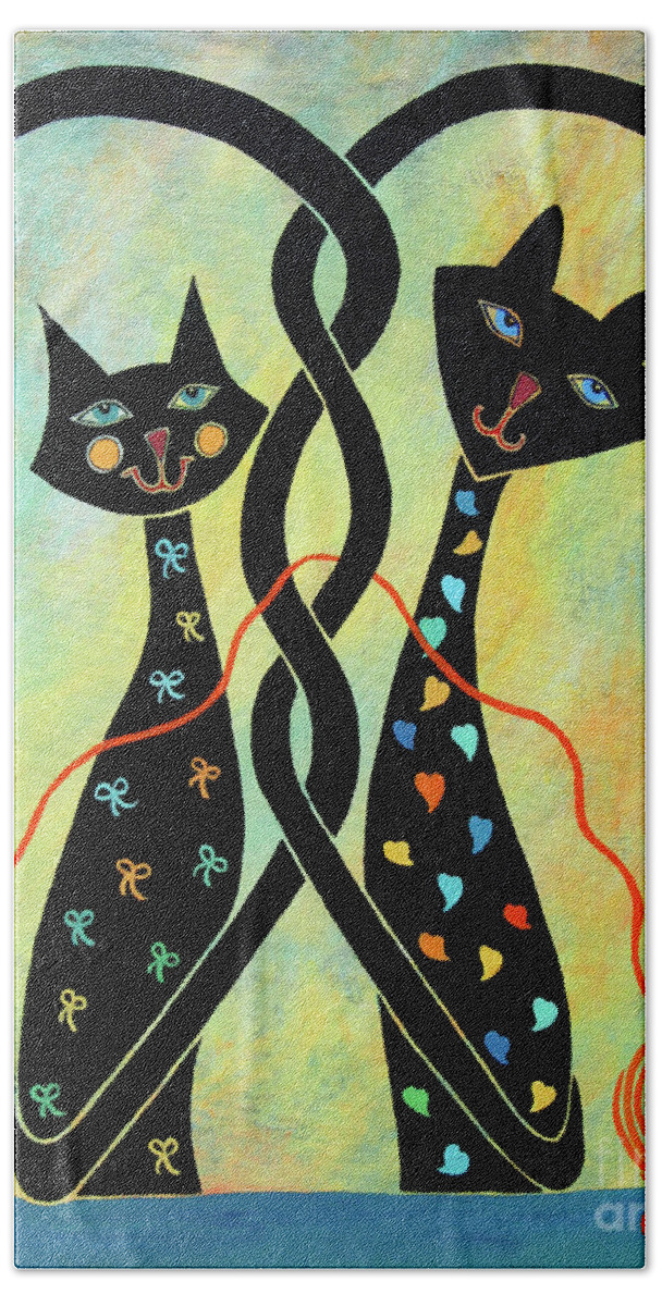Black Cat Art Bath Towel featuring the painting Controlled Chaos by Barbara Rush