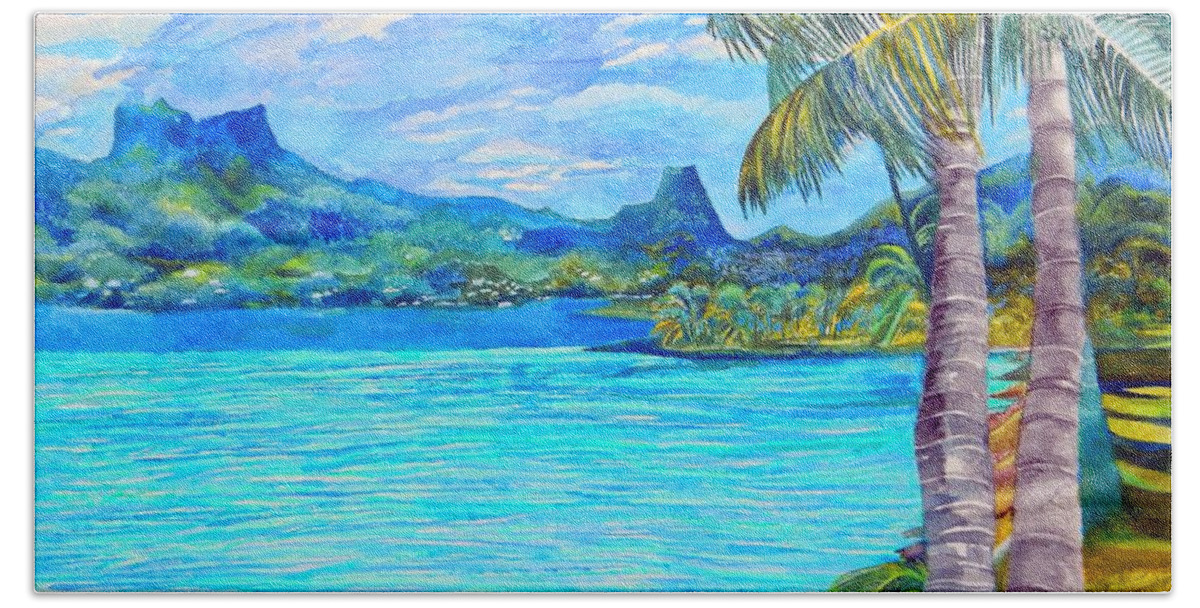 Palms Hand Towel featuring the painting Cooks Bay Moorea by Kandy Cross