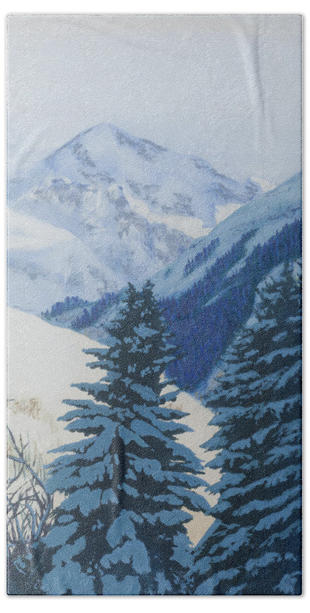 Snow Bath Towel featuring the painting Cool Blue Mountains by Bryan Bustard