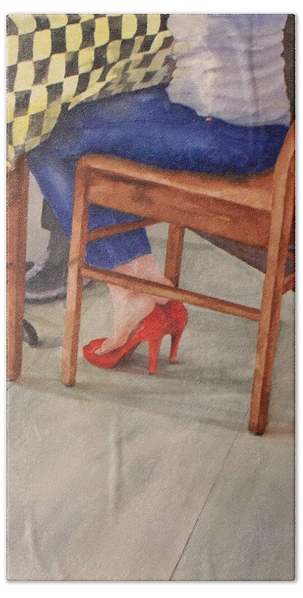 Red High Heels Hand Towel featuring the painting Cool 'N Her Heels by Celene Terry