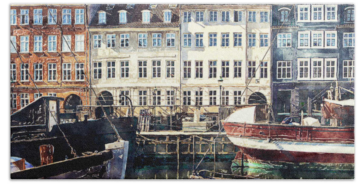 Digital Art Watercolor Bath Towel featuring the digital art Copenhagen, Nyhavn harbor by Luisa Vallon Fumi