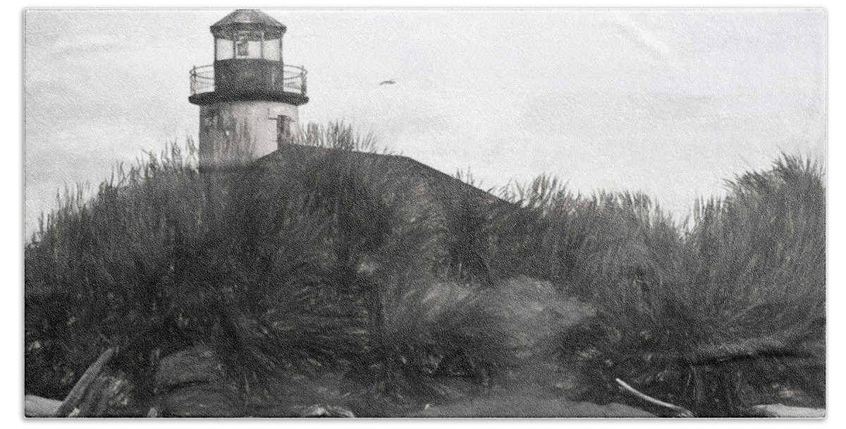 Lighthouse Bath Towel featuring the photograph Coquille River Lighthouse Oregon Black And White Giclee Art Print by Gigi Ebert