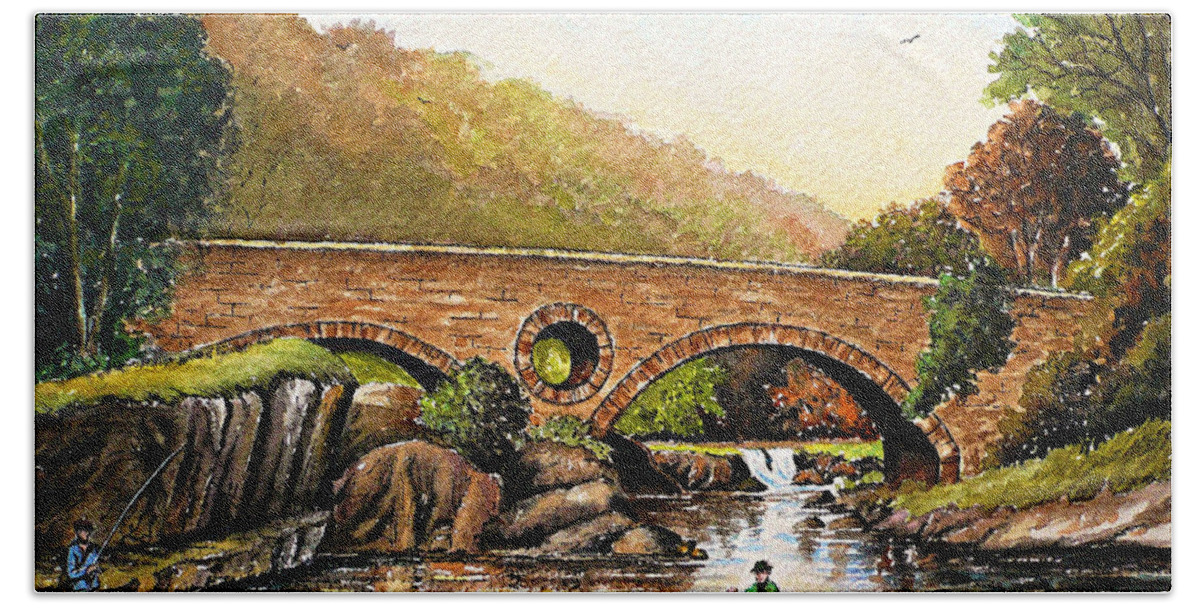 Cenarth Bath Towel featuring the painting Coracle fishing Cenarth by Andrew Read