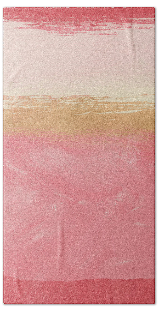 Abstract Bath Towel featuring the mixed media Coral and Gold Abstract 2- Art by Linda Woods by Linda Woods