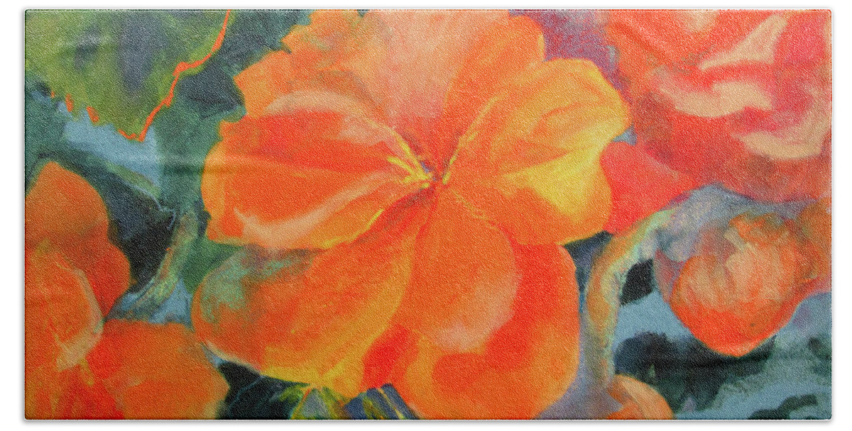 Painting Bath Towel featuring the painting Coral Begonias by Kathy Braud