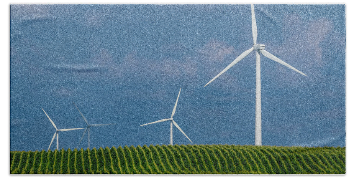 Alternative Energy Hand Towel featuring the photograph Corn Rows and Windmills by Ron Pate