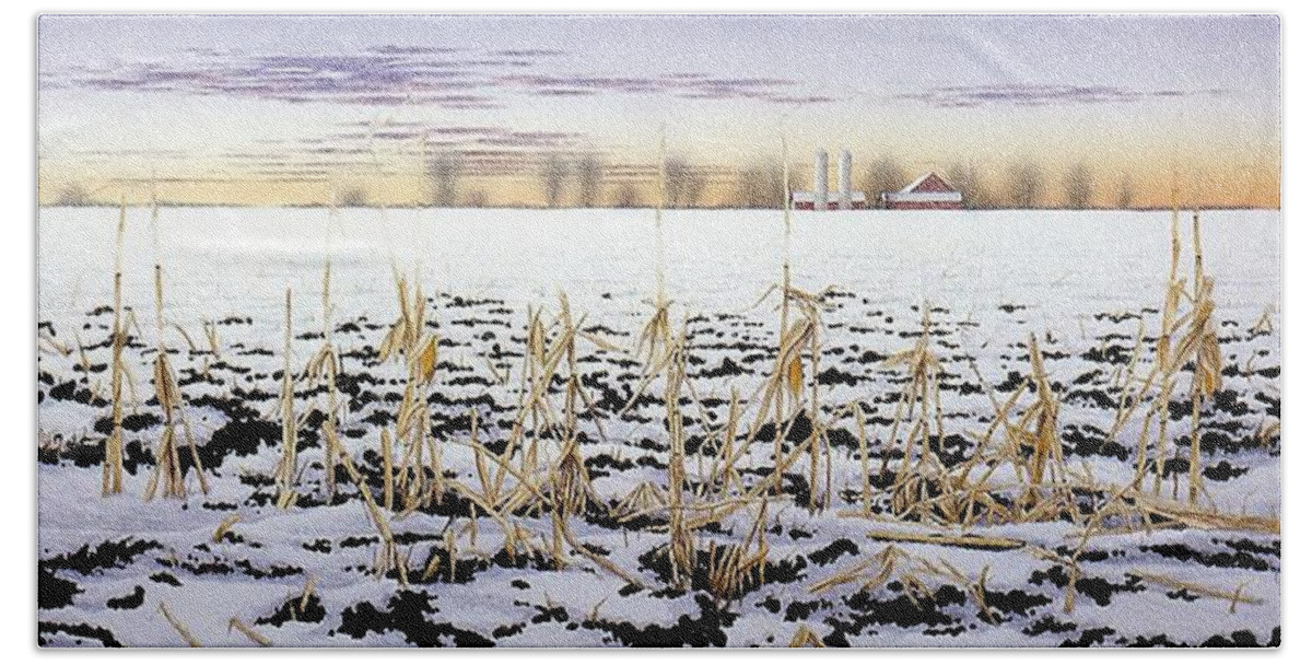 Winter Bath Towel featuring the painting Cornfield in Winter by Conrad Mieschke