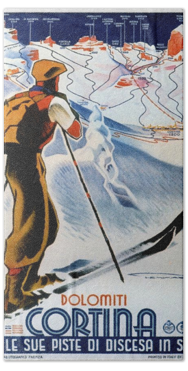 Cortina Bath Towel featuring the painting Cortina Dolomiti Skiing Vintage Travel Poster by Studio Grafiikka