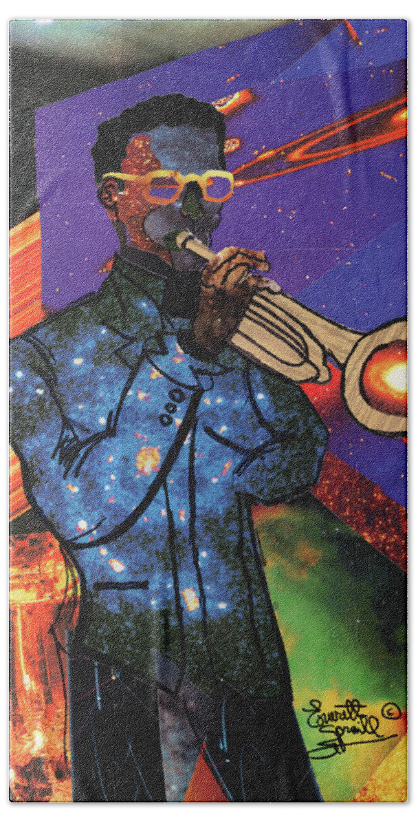 African Mask Bath Towel featuring the mixed media Cosmic Trumpeter by Everett Spruill