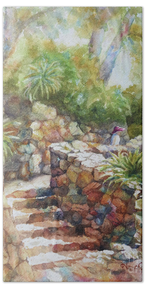 Nancy Charbeneau Bath Towel featuring the painting Costa Brava Garden Path by Nancy Charbeneau