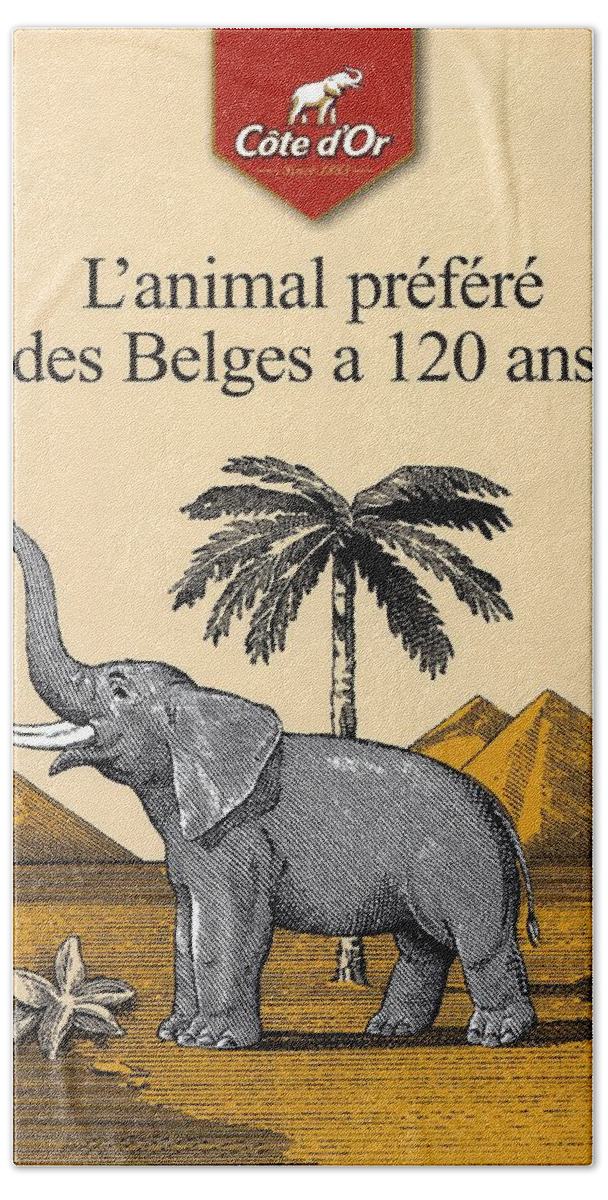 Cote D'or Hand Towel featuring the mixed media Cote d'Or Chocolate - Belgian Chocolate - Elephant near the Egyptian Pyramids - Vintage Poster by Studio Grafiikka