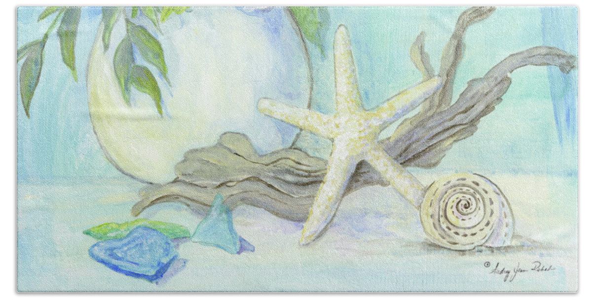 White Hydrangeas Bath Towel featuring the painting Cottage at the Shore 1 White Hydrangea Bouquet w Driftwood Starfish Sea Glass and Seashell by Audrey Jeanne Roberts