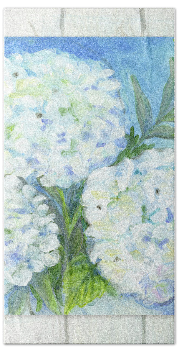 White Hydrangeas Hand Towel featuring the painting Cottage at the Shore 5 White Washed Wood w Hydrangeas and Eucalyptus Leaves by Audrey Jeanne Roberts