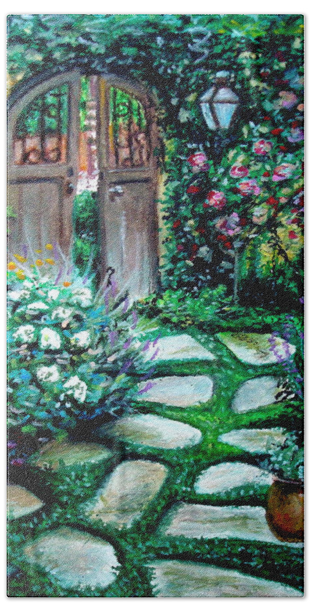 Landscape Hand Towel featuring the pastel Cottage Gates by Elizabeth Robinette Tyndall