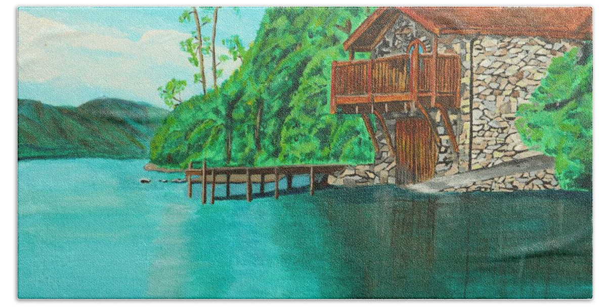 Water Bath Towel featuring the painting Cottage on lake by David Bigelow