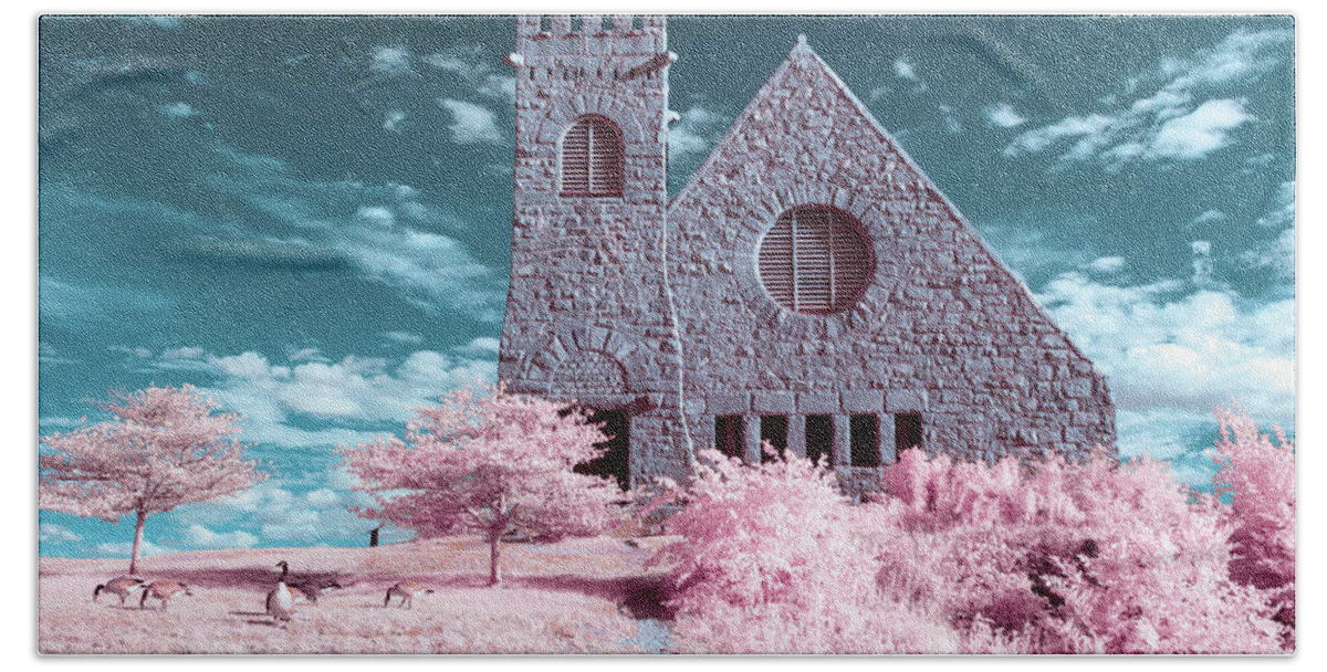 Old Stone Church West Boylston W W. Architecture Stonewall Outside Outdoors Sky Clouds Trees Bushes Brush Grass Geese Birds Newengland New England U.s.a. Usa Brian Hale Brianhalephoto Ir Infrared Infra Red Historic Bath Towel featuring the photograph Cotton Candy Church 1 by Brian Hale