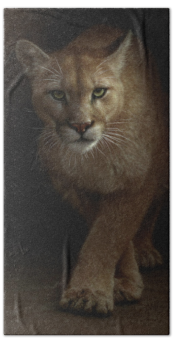 Cougar Art Bath Towel featuring the painting Cougar - Emergence by Collin Bogle