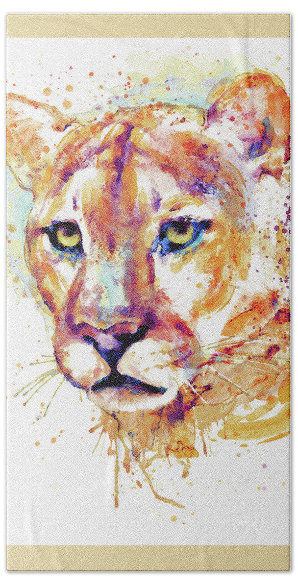 Marian Voicu Bath Towel featuring the painting Cougar Head by Marian Voicu