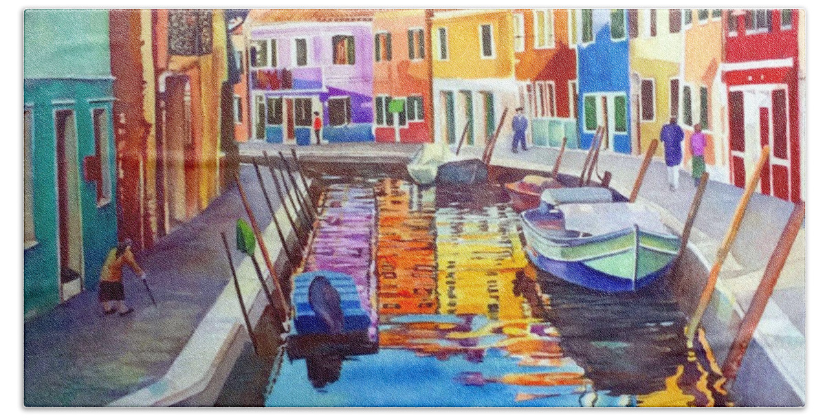 Burano Hand Towel featuring the painting Couleurs de Burano by Francoise Chauray