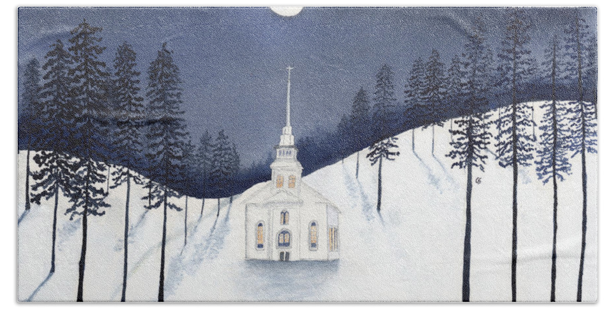 Church Hand Towel featuring the painting Country Church in Moonlight 2, Silent Night by Conni Schaftenaar