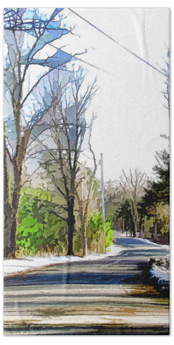 Country Road With Pine Trees Hand Towel featuring the painting Country road with pine trees 3 by Jeelan Clark