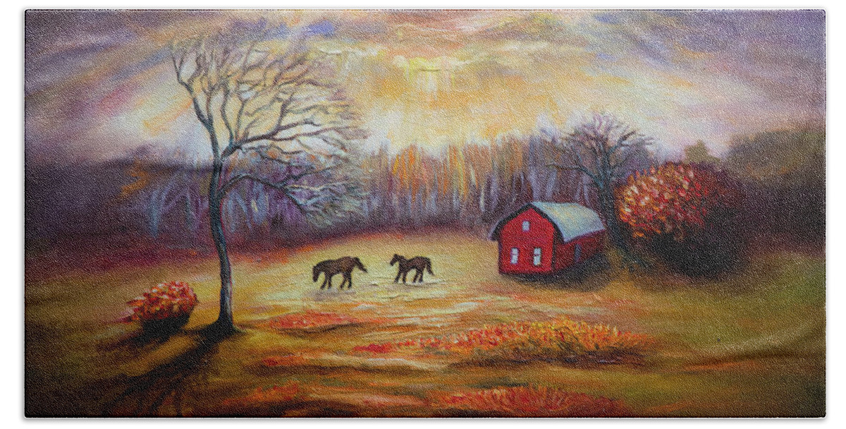 Country Scene Bath Towel featuring the painting Country scene late fall by Lilia D