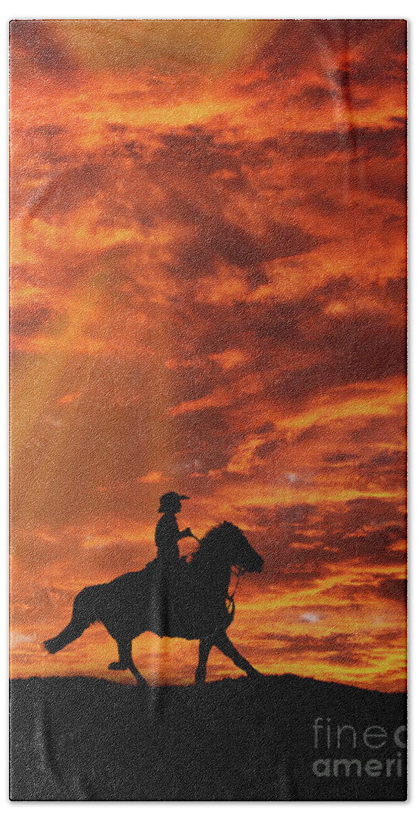 Cowboy Bath Towel featuring the photograph Country Western Riding Cowboy and Sunset by Stephanie Laird