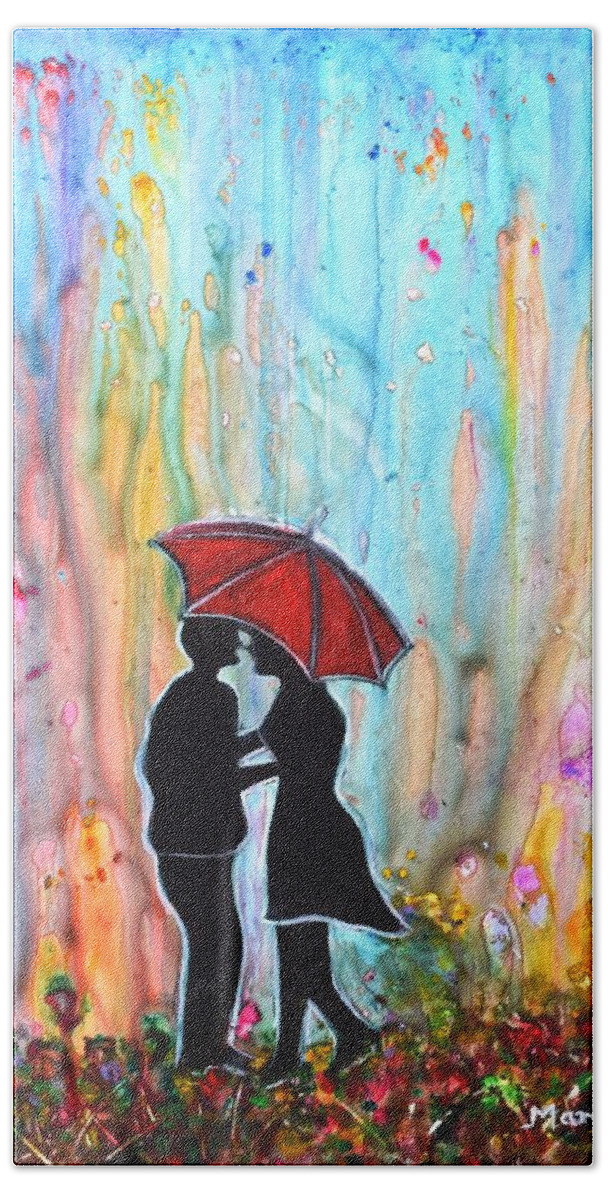 Valentinegift Bath Towel featuring the painting Couple on a Rainy Date romantic painting for valentine by Manjiri Kanvinde