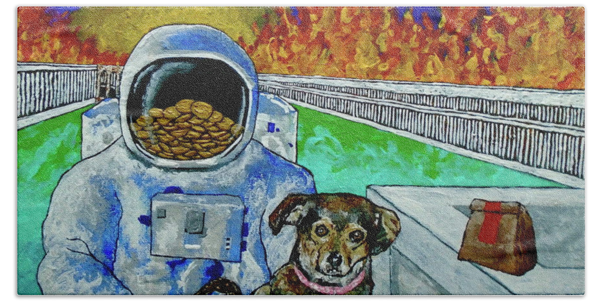 Art & Collectibles Painting Acrylic Fire Flames Sunset Roman Buildings Astronaut Puppy Fast Food Bags Gold Coins Swords Weird Odd Ooak One Of A Kind Interior Decorations Bath Towel featuring the painting Deeper Experience in Retrospect by Mike Kraus