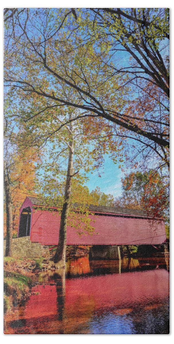 Autumn Hand Towel featuring the photograph Covered Bridge in Maryland in Autumn by Patrick Wolf