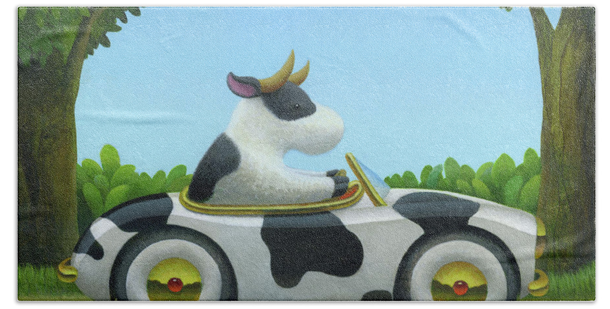 Cow Bath Towel featuring the painting Cow Car by Chris Miles