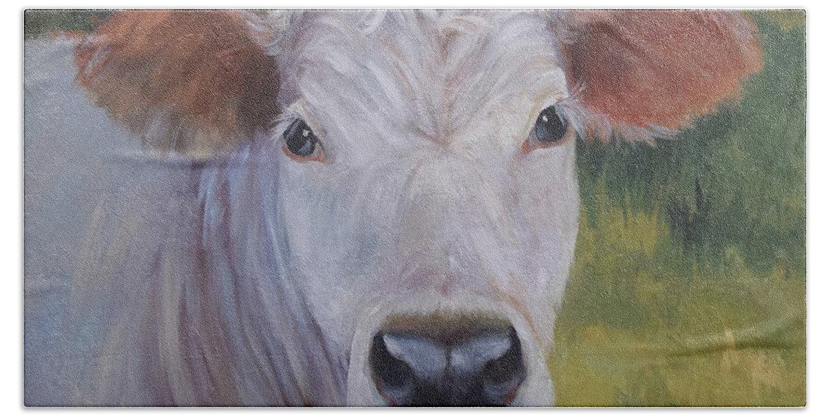 Animal Bath Towel featuring the painting Cow Painting Ms Ivory by Cheri Wollenberg