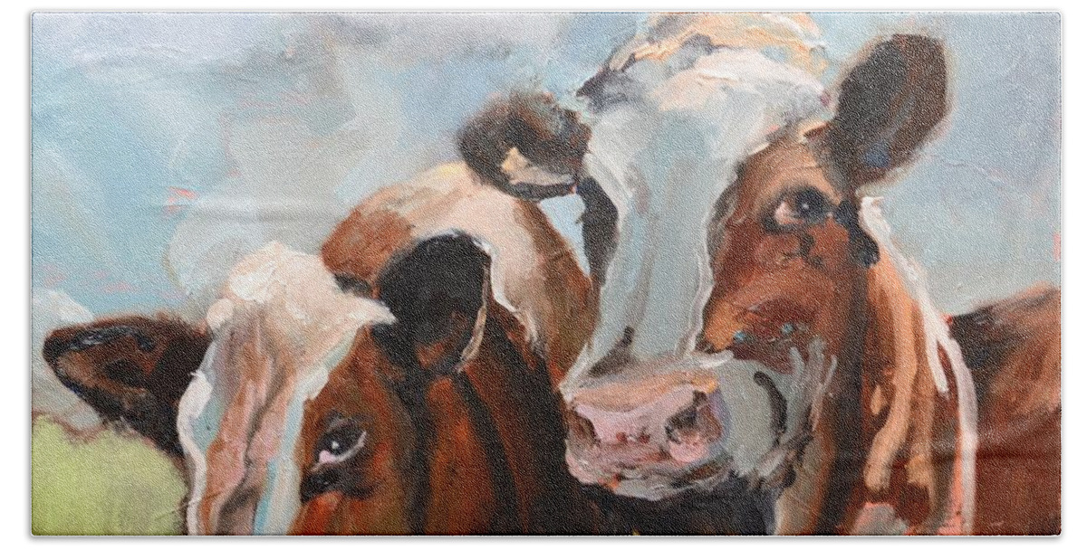 Cow Bath Towel featuring the painting Cow Pasture Cuties by Donna Tuten