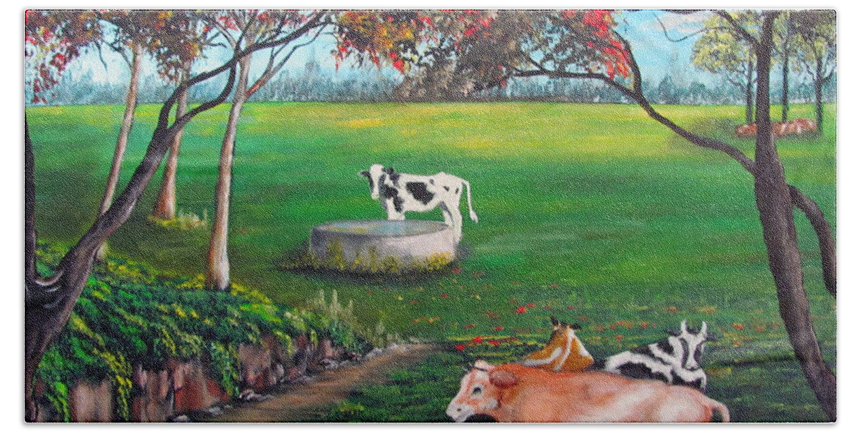 Cows Bath Towel featuring the painting Cow Tales by Gloria E Barreto-Rodriguez