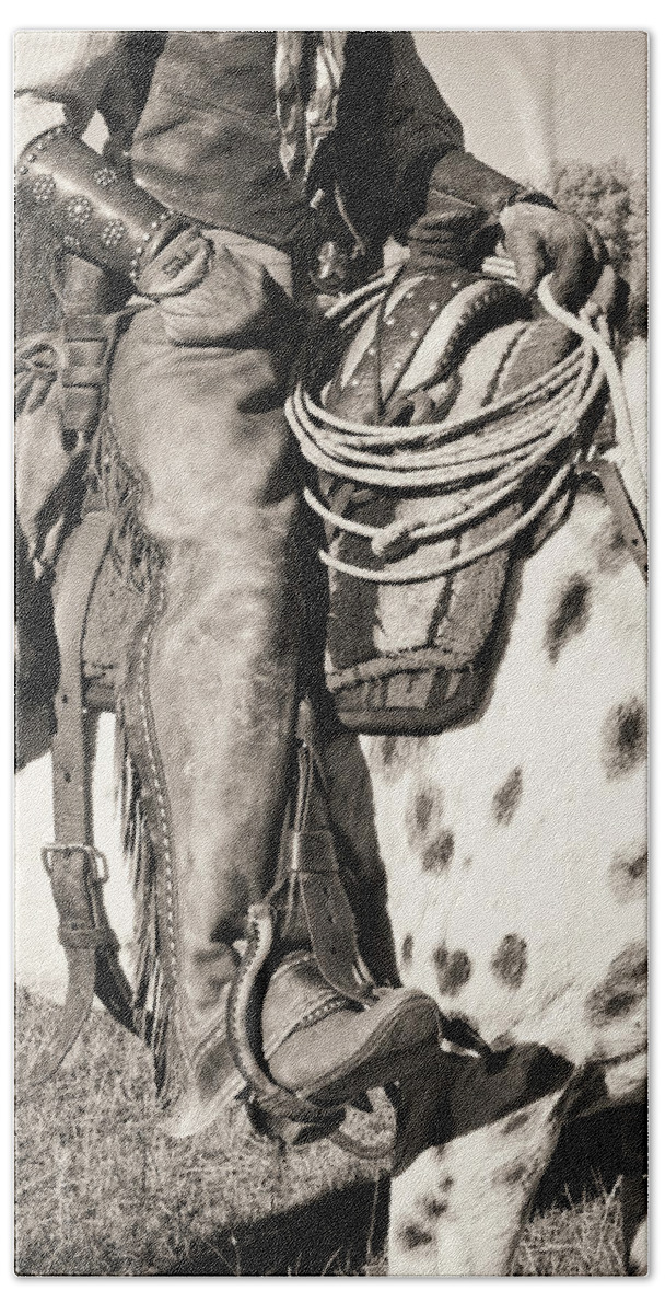 Animal Bath Towel featuring the photograph Cowboy on His Mount bw by Jerry Fornarotto