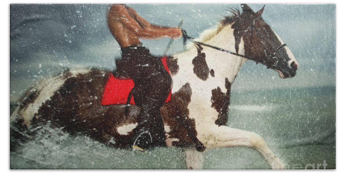 Horse Hand Towel featuring the photograph Cowboy riding paint horse in the water by Dimitar Hristov