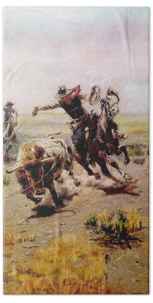Cowboy Roping A Steer Bath Towel featuring the digital art Cowboy Roping A Steer by Charles Russell