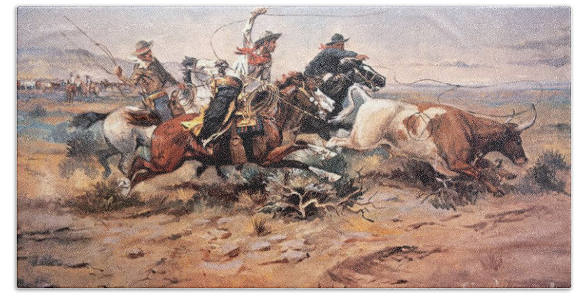 Cowboys Hand Towel featuring the painting Cowboys roping a steer by Charles Marion Russell