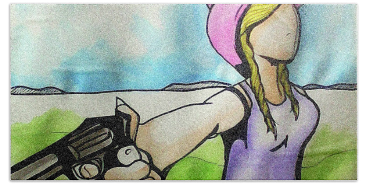 Cowgirl Hand Towel featuring the painting Cowgirl with gun by Loretta Nash