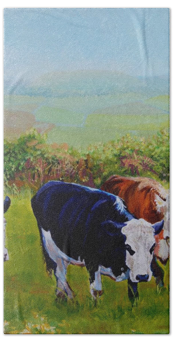 Misty Morning Bath Towel featuring the painting Cows and English Landscape by Mike Jory