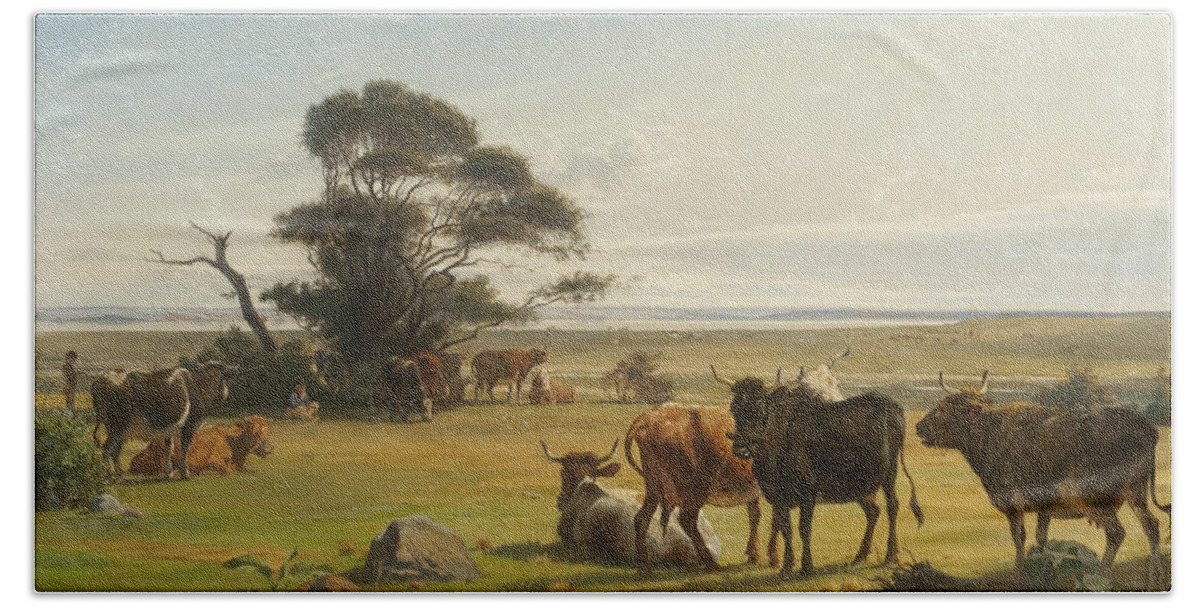 19th Century Art Bath Towel featuring the painting Cows in a Meadow by Otto Haslund