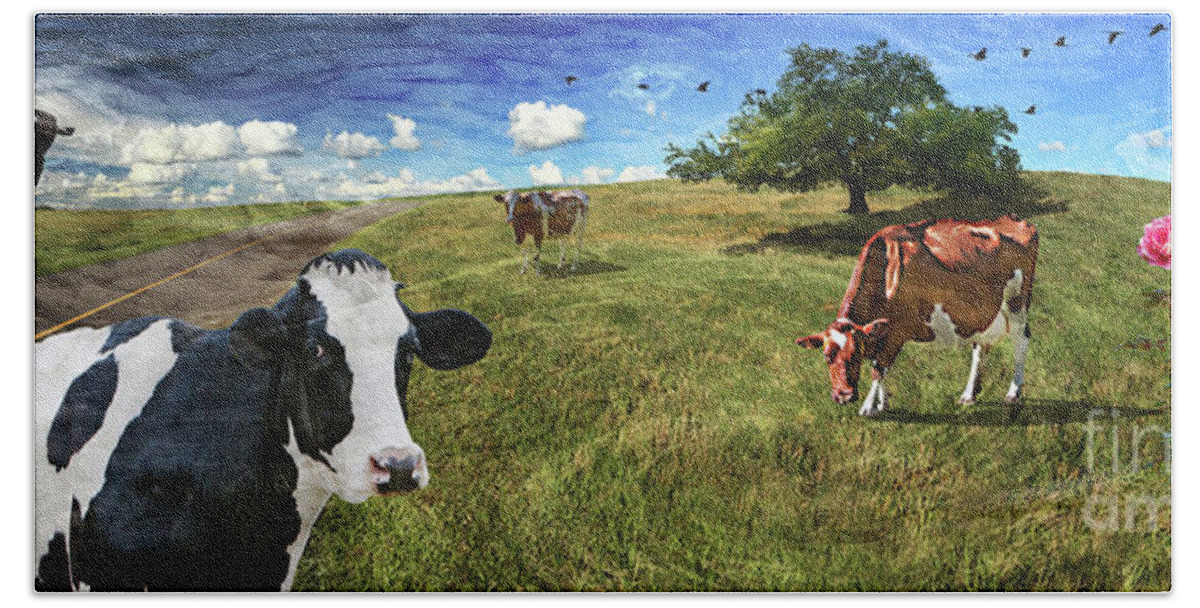 Cows. Field Bath Towel featuring the photograph Cows in field, ver 3 by Larry Mulvehill