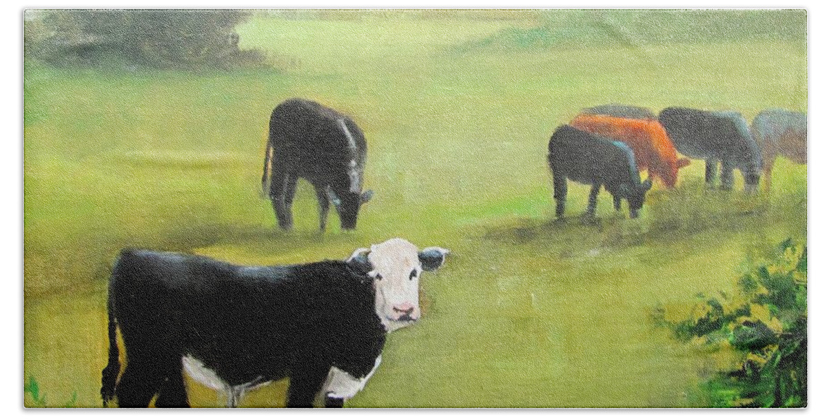 Black Hand Towel featuring the painting Cows in Pasture by Barbara Haviland