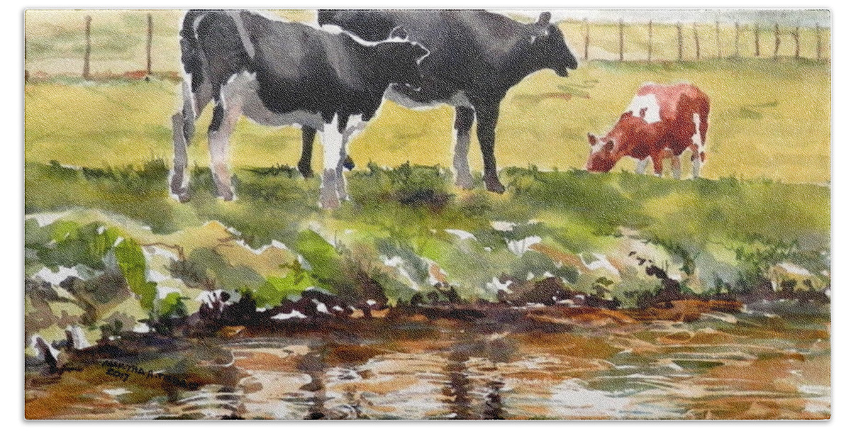 Cows Bath Towel featuring the painting Cows Water Valley by Martha Tisdale